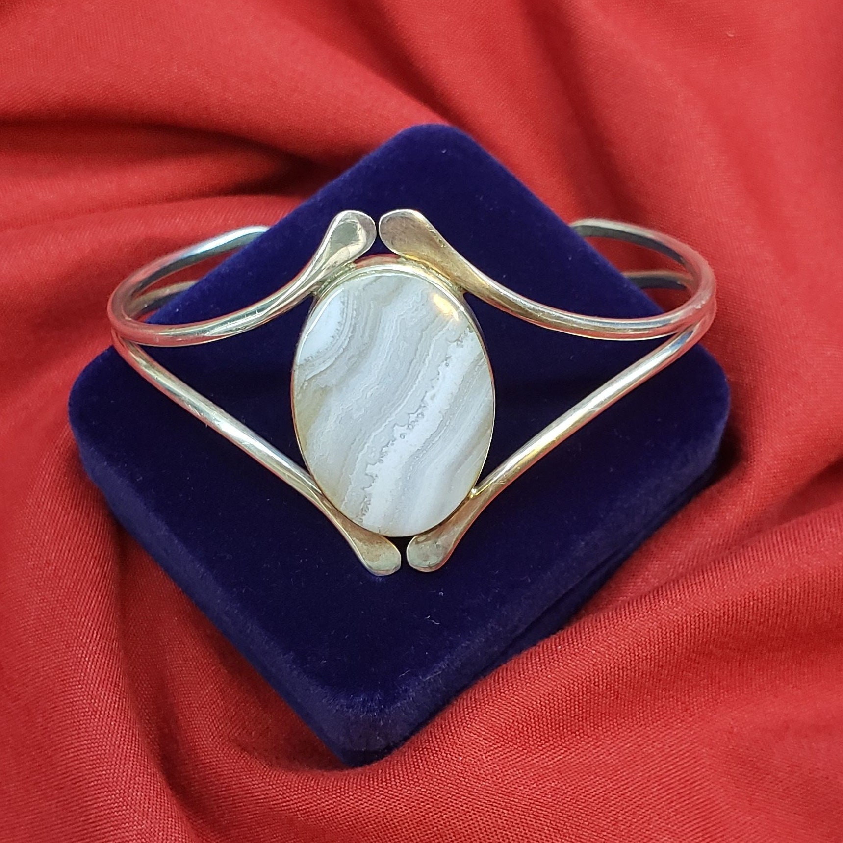 Vintage Sterling Silver Blue Lace Agate Bracelet, Handmade 