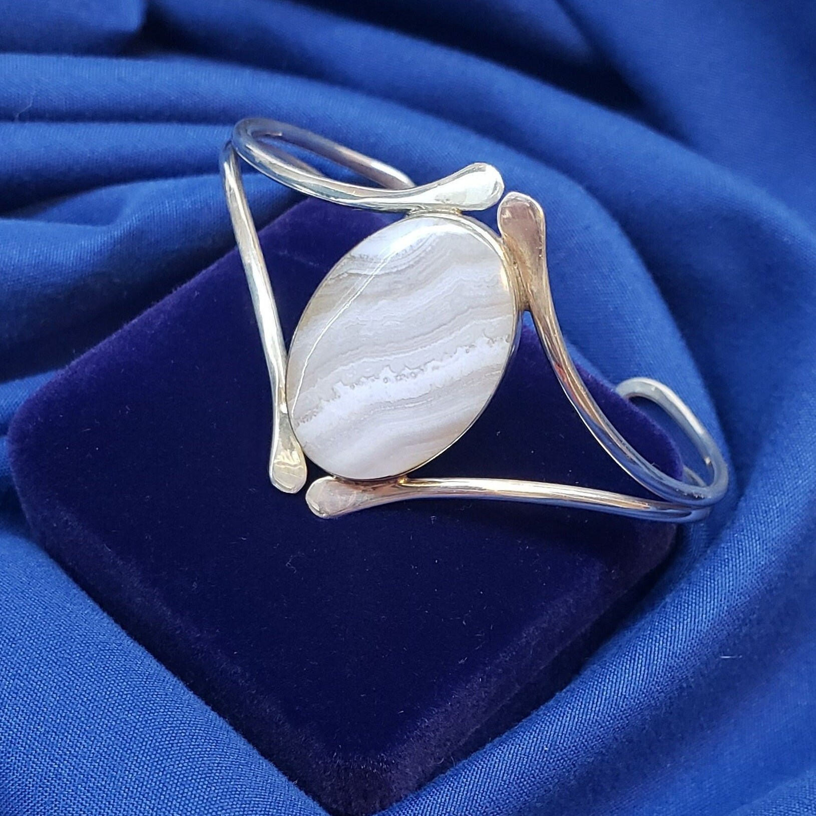 Vintage Sterling Silver Blue Lace Agate Bracelet, Handmade 