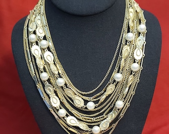 Vintage Gold Pearl Multi-Strand Statement Necklace with Bow Detail