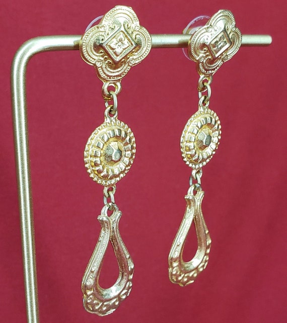 Vintage Gold Geometric Drop Earrings for Pierced … - image 5