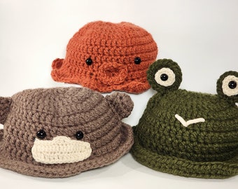 Crochet Animal Bucket Hat | Frog Hat | Octopus Hat | Monkey Hat | Handmade Bucket Hat | Sun Hat