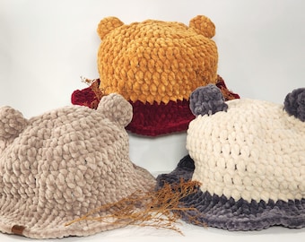 Soft Crochet Bear Bucket Hat | Yellow Bear Hat | Brown Bear Hat | Panda Hat | Winter Bucket Hat | Handmade Bucket Hat | Sun Hat