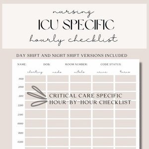 Może przedstawiać: Drukowalna lista kontrolna dla pielęgniarek pracujących na oddziale intensywnej terapii. Lista kontrolna zawiera sekcje dotyczące dokumentowania, leków, parametrów życiowych, wydalania moczu i zmian pozycji. Zawiera również sekcję dotyczącą zadań specyficznych dla opieki krytycznej, wykonywanych co godzinę.