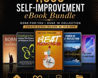 Puede incluir: Una colección digital de 1.000 libros electrónicos de autoayuda con títulos como Beat Procrastination, Born to Succeed y Power of Self-Reflection. El gráfico muestra portadas de libros con texto e iconos de descarga instantánea y alta calidad.