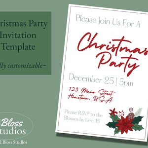 Christmas Party invitation template on green background. Holiday festive design on Christmas invite. Christmas Party Invitation Template - fully customizable
