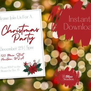 Festive and minimalist Christmas Party invitation on holiday lights background. Invite has holly, poinsettias, pinecone, and more in a small design. Script font Christmas Party. Editable instant download template for party invite - Christmas edition