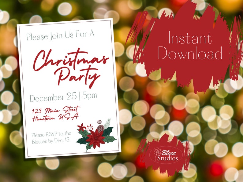 Festive and minimalist Christmas Party invitation on holiday lights background. Invite has holly, poinsettias, pinecone, and more in a small design. Script font Christmas Party. Editable instant download template for party invite - Christmas edition