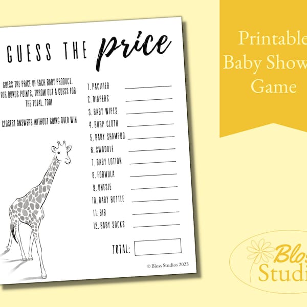 Devinez le prix Baby Shower Game | Jeu de fête imprimable de douche de bébé de girafe pour la douche de bébé sur le thème de Safari | Essentiels pour baby shower girafe