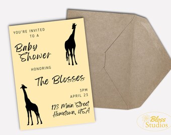 Giraffe Baby Shower Invitation Template - Two Giraffes | Invitation Template for Animal Themed Baby Shower 5x7 Canva Template