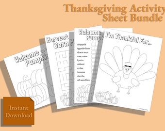 Thanksgiving Activity Sheet Bundle | Printable Kids Activities | Fall Coloring Pages