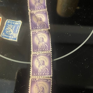 Purple Liberty 3 cent stamps- strip, unused PLUS 1930-1940&#39;s Finland Suomi stamps and vintage mailing tube RARE