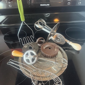 Antique TIN primitive kitchen decor cookie cutters wire whisk safety pot cover butter churn masher and mixer LOT of 8 farmhouse decor