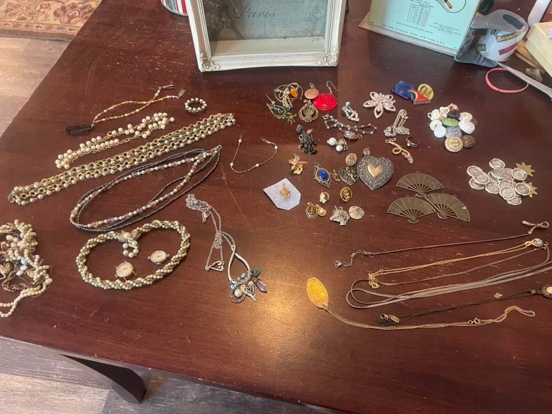 Treasure Box Full Of Vintage Costume Jewelry Pins Watches