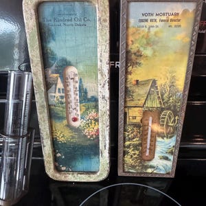 VINTAGE advertising - customer appreciation thermometers Kindred Oil and Voth Mortuary BRASS rain gage