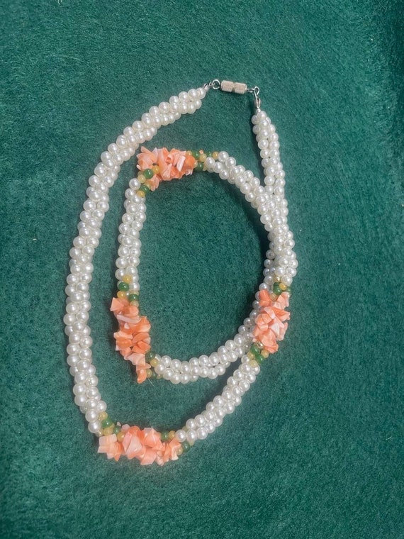 Vintage "Pearls", faux coral and JADE beaded neck… - image 1