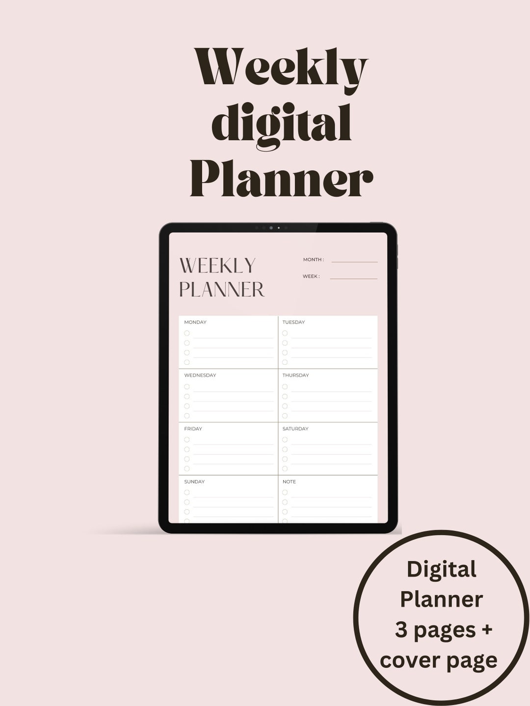 Digital Download Weekly Planner 3 Page Cover Page Etsy