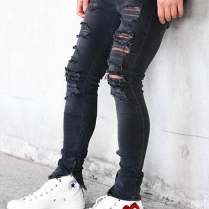 Men&#39;s Slim Fit Black Jeans Denim Branded Distressed Stretchy Pants New Ripped Trousers Fashion Trendy