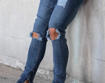 Men's Slim Fit Ripped Blue Jeans: Distressed Stretchy Denim