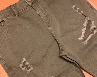 Womens Slim Fit Green Distressed Jeans, Stretchy Denim Trousers