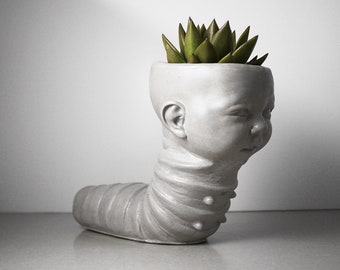 Grub Baby - The Original Fugly planter.  Concrete | Funny | creepy |  ugly | Doll | bizarre | Head | weird | Desk pot | Horror | gothic