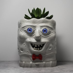 Op de afbeelding: Een witte keramische plantenpot in de vorm van een gezicht met blauwe ogen, een rode strik en een kleine groene succulent die uit de bovenkant groeit.