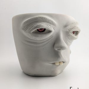 Può includere: Un vaso grigio a forma di volto con occhi rossi e due denti prominenti. Il vaso ha una superficie strutturata ed è etichettato "Fugly Planters" in caratteri neri.