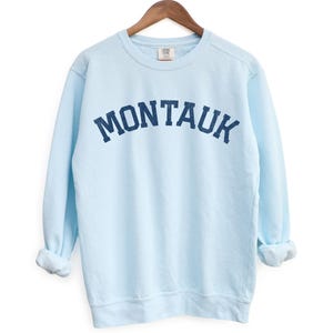 Montauk Comfort Colors Crewneck Sweatshirt | Vintage Faded Grunge Style Pullover Sweater | Hamptons, New York Sailing, Yacht, Athleisure Top Chambray