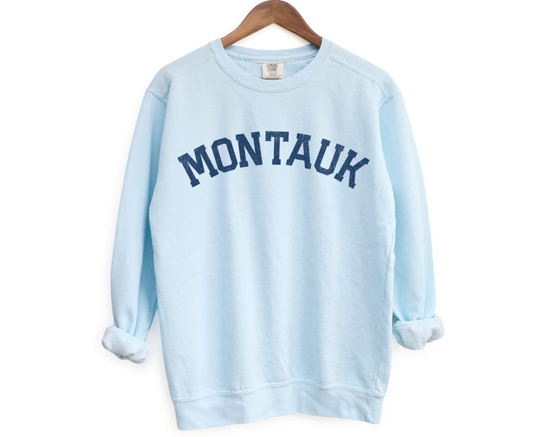Montauk Comfort Colors Crewneck Sweatshirt | Vintage Faded Grunge Style Pullover Sweater | Hamptons, New York Sailing, Yacht, Athleisure Top Chambray