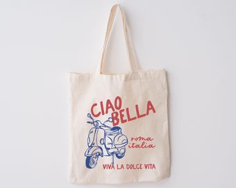 Ciao Bella Cotton Canvas Tote | Roma Italia, Vintage Retro Style Italian Scooter | Reusable Grocery, Farmer’s Market Bag | Italy Souvenir