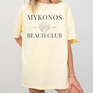 Mykonos Beach Club Comfort Colors T-Shirt | Summer Beach, Seashell, Greece, Greek Islands Travel Vacay Tee | Girls Trip Shirt | Gift for Her
