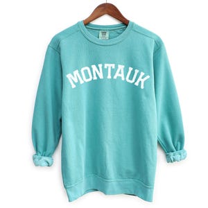 Montauk Comfort Colors Crewneck Sweatshirt | Vintage Faded Grunge Style Pullover Sweater | Hamptons, New York Sailing, Yacht, Athleisure Top Seafoam