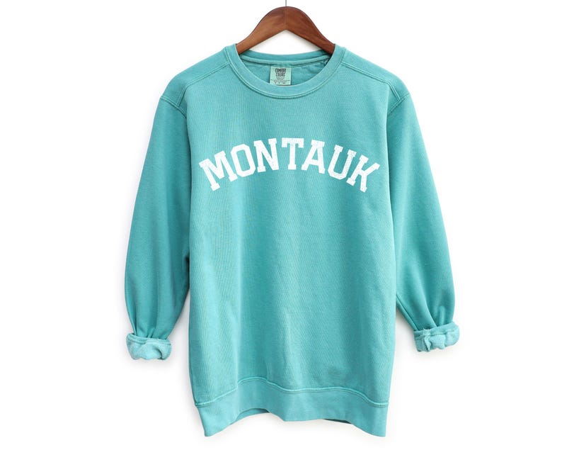 Montauk Comfort Colors Crewneck Sweatshirt | Vintage Faded Grunge Style Pullover Sweater | Hamptons, New York Sailing, Yacht, Athleisure Top Seafoam