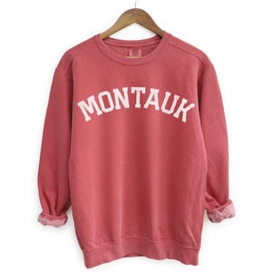 Montauk Comfort Colors Crewneck Sweatshirt | Vintage Faded Grunge Style Pullover Sweater | Hamptons, New York Sailing, Yacht, Athleisure Top Crimson