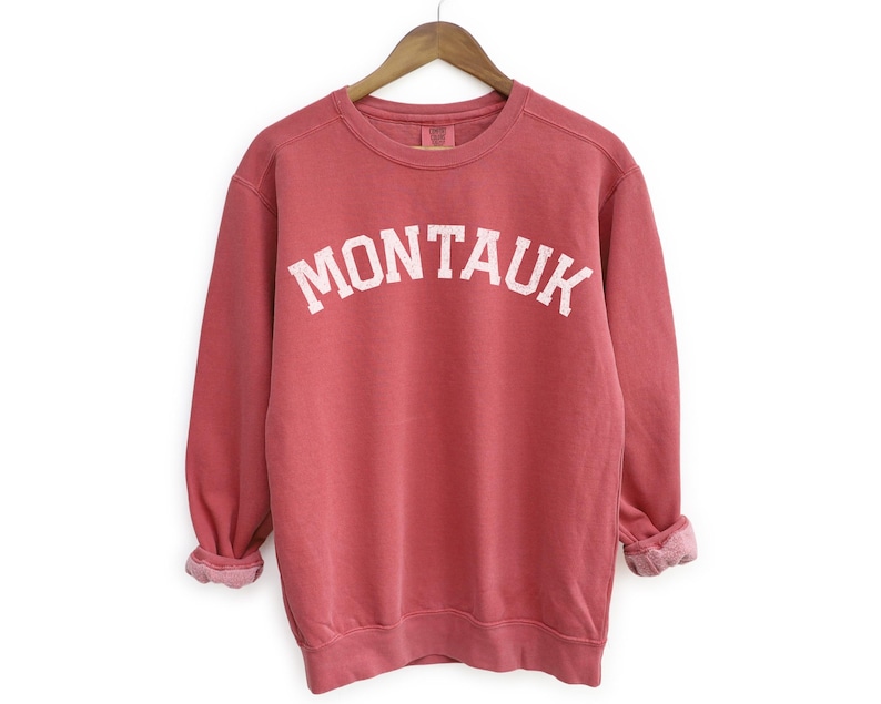 Montauk Comfort Colors Crewneck Sweatshirt | Vintage Faded Grunge Style Pullover Sweater | Hamptons, New York Sailing, Yacht, Athleisure Top Crimson