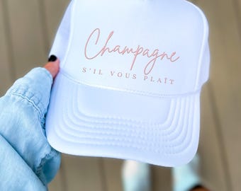 Embroidered Champagne S&#39;il Vous Plait Foam Trucker Hat | Super Cute Embroidery Wine, Bachelorette Party, Girls Trip Cap | Gift Idea for Her
