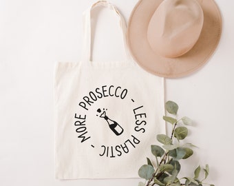 More Prosecco Less Plastic Canvas Grocery Tote Bag  |  Prosecco, Wine, Champagne Lover Gift | Super Cute Reusable Grocery Bag