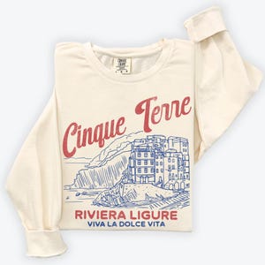 Cinque Terre Comfort Colors Lightweight Cotton Crewneck Sweatshirt | Vintage Italy, Italian Riviera Pullover Ivory