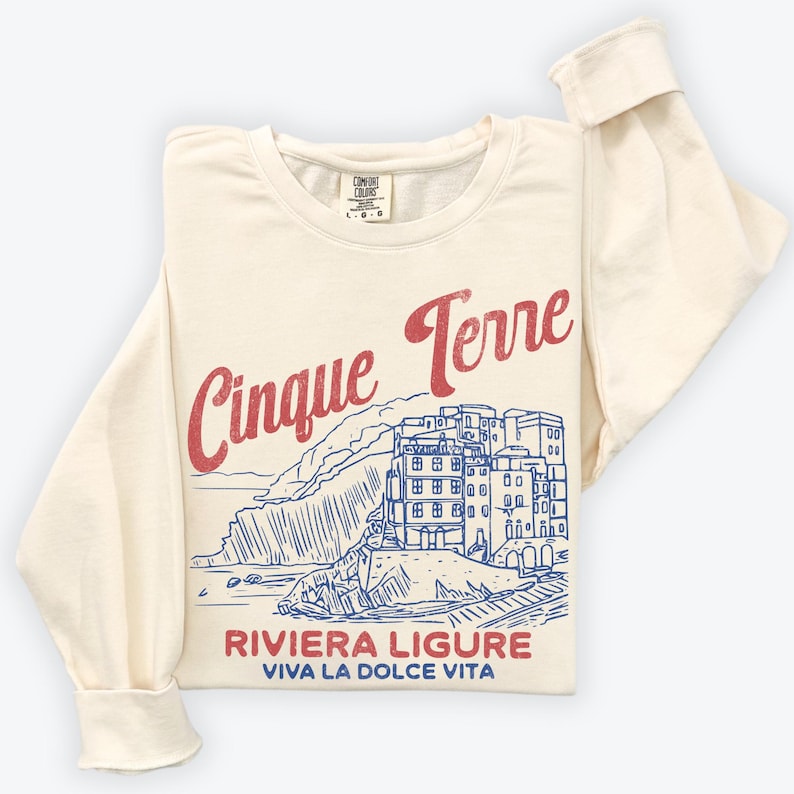 Cinque Terre Comfort Colors Lightweight Cotton Crewneck Sweatshirt | Vintage Italy, Italian Riviera Pullover Ivory