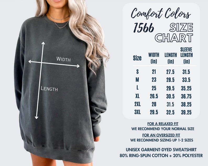May include: A size chart for a unisex garment-dyed sweatshirt made of 80% ring-spun cotton and 20% polyester. The chart shows the width, length, and sleeve length in inches for sizes S through 3XL.