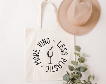 More Vino, Less Plastic Canvas Grocery Tote Bag  |  Prosecco, Wine, Champagne Lover Gift | Super Cute Reusable Grocery Bag