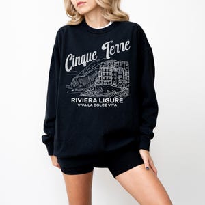 Cinque Terre Comfort Colors Lightweight Cotton Crewneck Sweatshirt | Vintage Italy, Italian Riviera Pullover Black