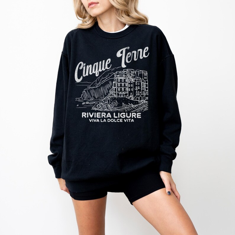 Cinque Terre Comfort Colors Lightweight Cotton Crewneck Sweatshirt | Vintage Italy, Italian Riviera Pullover Black
