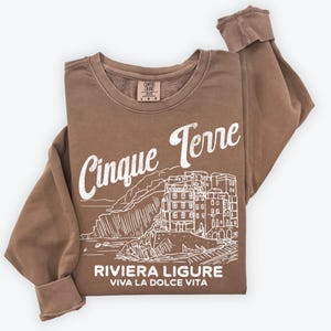 Cinque Terre Comfort Colors Lightweight Cotton Crewneck Sweatshirt | Vintage Italy, Italian Riviera Pullover Espresso