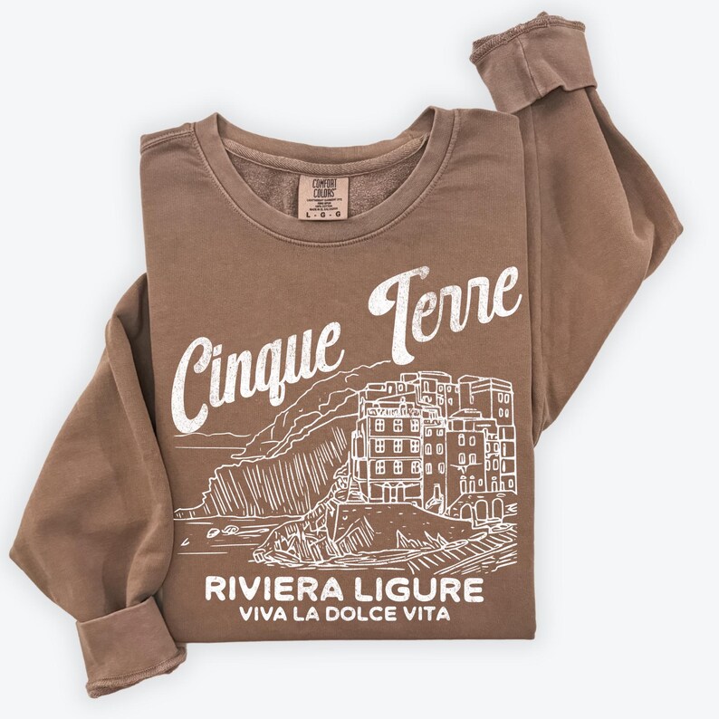 Cinque Terre Comfort Colors Lightweight Cotton Crewneck Sweatshirt | Vintage Italy, Italian Riviera Pullover Espresso
