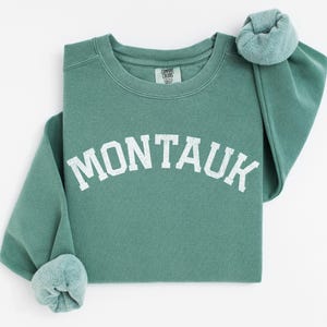 Montauk Comfort Colors Crewneck Sweatshirt | Vintage Faded Grunge Style Pullover Sweater | Hamptons, New York Sailing, Yacht, Athleisure Top Light Green