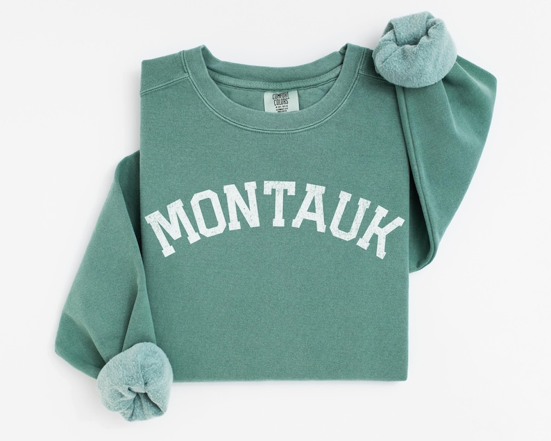 Montauk Comfort Colors Crewneck Sweatshirt | Vintage Faded Grunge Style Pullover Sweater | Hamptons, New York Sailing, Yacht, Athleisure Top Light Green