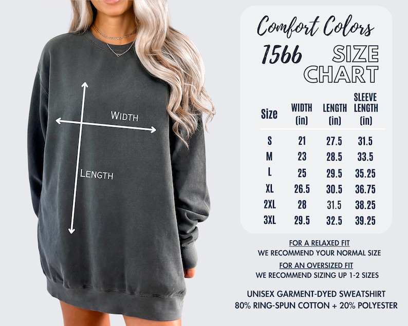 May include: A size chart for a unisex garment-dyed sweatshirt made of 80% ring-spun cotton and 20% polyester. The chart shows the width, length, and sleeve length in inches for sizes S through 3XL.