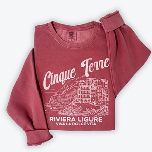 Cinque Terre Comfort Colors Lightweight Cotton Crewneck Sweatshirt | Vintage Italy, Italian Riviera Pullover Crimson