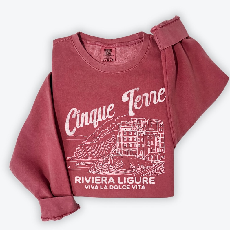 Cinque Terre Comfort Colors Lightweight Cotton Crewneck Sweatshirt | Vintage Italy, Italian Riviera Pullover Crimson