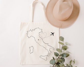 Italy Map, Airplane Canvas Grocery Tote Bag  |  Italian Destination Wedding Gift Bag | Italian Travel Tote, Beach Bag